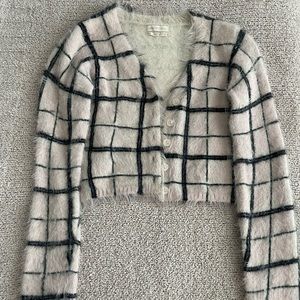 Urban Outfitters Cropped Pink Plaid Fuzzy Cardigan